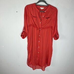 A:Glow Size XS Maternity Satin Cinch Waist Shirt Dress Pockets Roll Tab